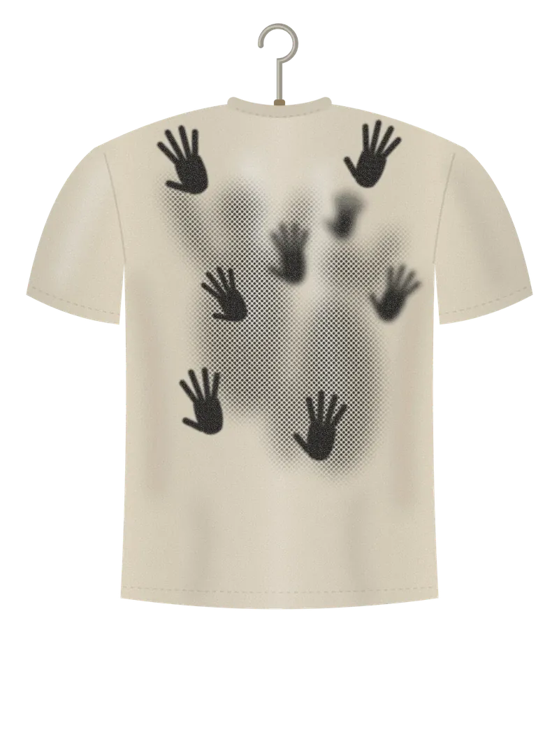 Behind the Glass, cream t-shirt on a hanger, back view: shadowy figures and hands pressed against frosted glass, in a black halftone print