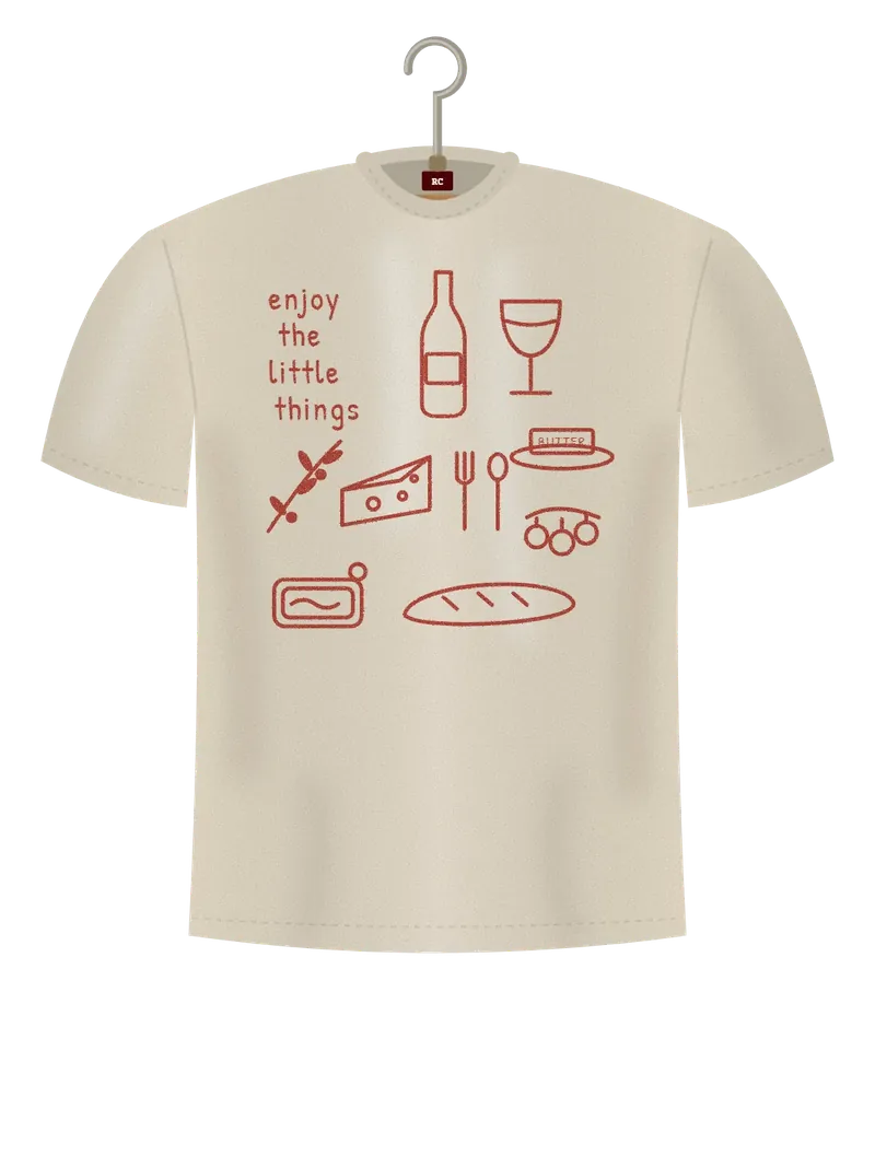 Enjoy the Little Things, cream t-shirt on a hanger, front view: small red line drawings of a picnic: bread, cheese, butter, a bottle and glass, olives and tomatoes